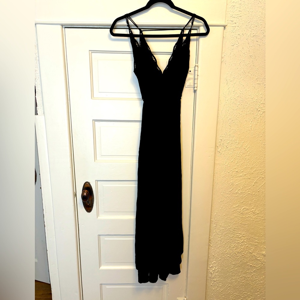 Astr black lace trim tie front dress